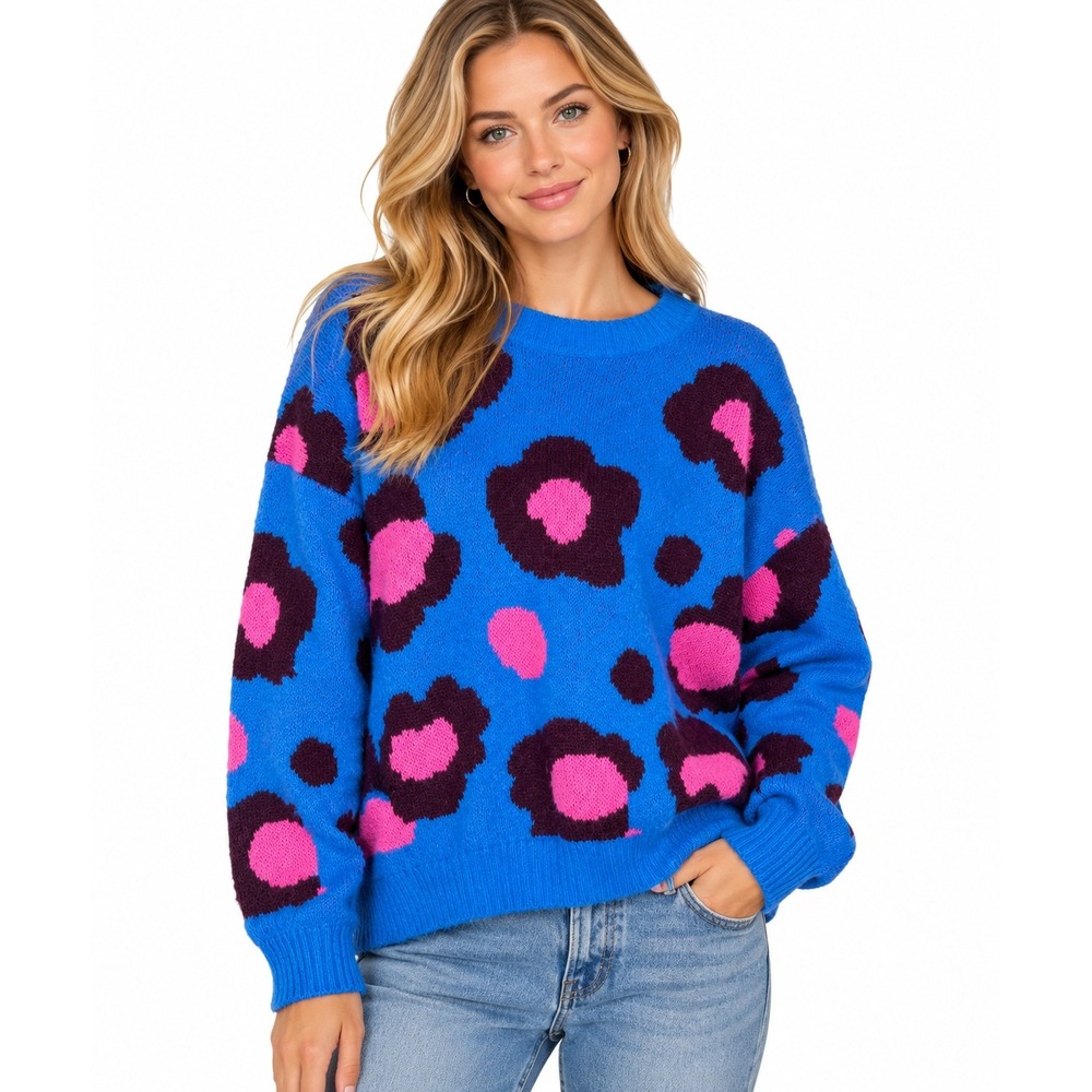 Lilly Pulitzer Ferrara Growl & Prowl Leopard Sweater Blue Pink XL